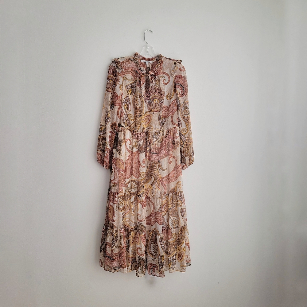 JUILA JORDAN Tiered Brown Chiffon Paisley Jacquard Midi Dress